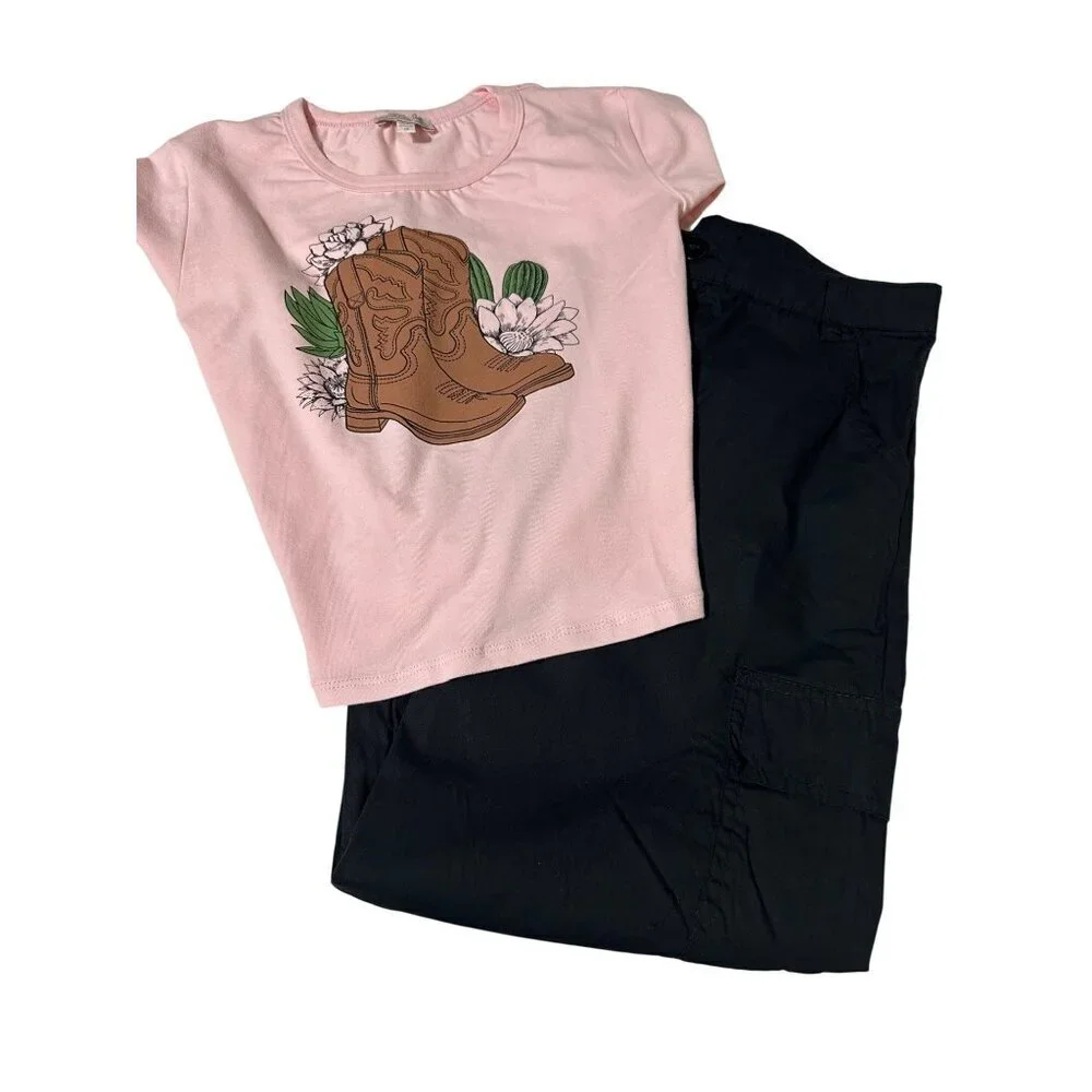 Social Academy Girl Pink Cowboy Boot Tee 14 & Art Class Wide Leg Cargo Pant XL